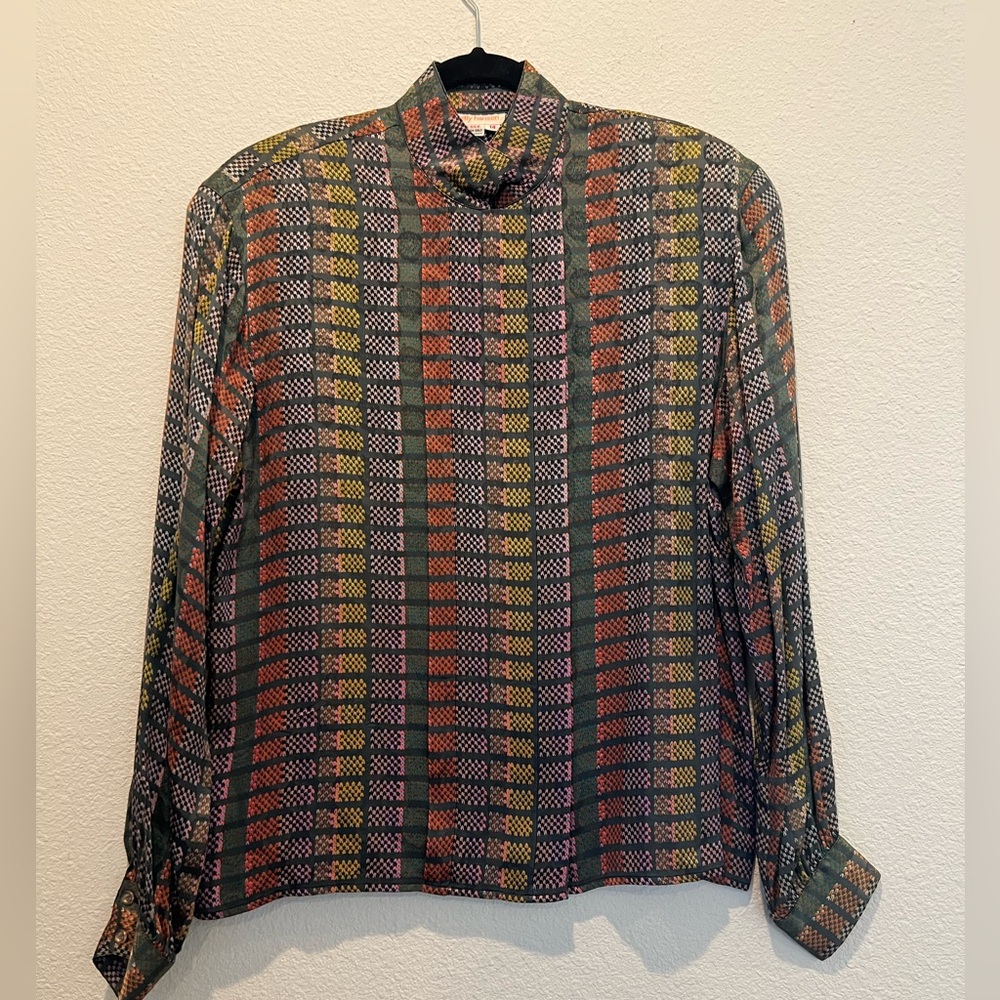 80s Betty Hanson Silk Blouse Multicolor Jacquard Geometric Print High Neck Sz 14